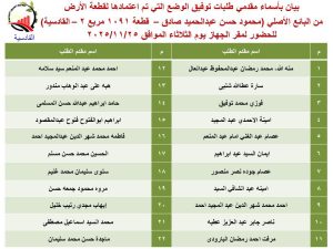 جهاز العبور الجديدة يعلن أسماء المواطنين الذين تم توفيق أوضاعهم بمنطقة القادسية..تعرف على الأسماء 17 جهاز العبور الجديدة يعلن أسماء المواطنين الذين تم توفيق أوضاعهم بمنطقة القادسية