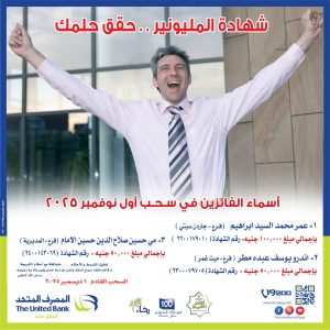  المصرف المتحد يعلن أسماء الفائزين في سحب شهادة المليونير لشهر نوفمبر
