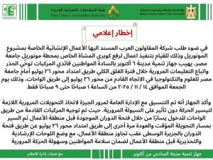 عاجل- أعمال رفع كوبري المونوريل تتسبب في غلق كلي بطريق امتداد محور 26 يوليو 3 غلق محور 26 يوليو