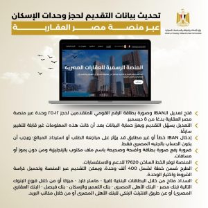 بالإنفوجراف: تحديث بيانات التقديم لحجز وحدات الإسكان عبر منصة مصر العقارية 2 تحديث بيانات التقديم لحجز وحدات الإسكان عبر منصة مصر العقارية