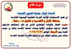 جهاز مدينة العبور الجديدة يحدد موعدًا نهائيًا لاستكمال إجراءات قرعة الأمل والقادسية 2 قرعة الأمل والقادسية