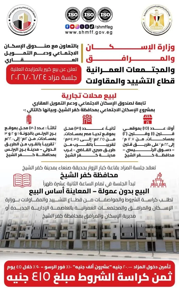 بالمزاد العلني.. طرح محال تجارية بمواقع الإسكان الاجتماعي في كفر الشيخ 19 FB IMG 1780495748414