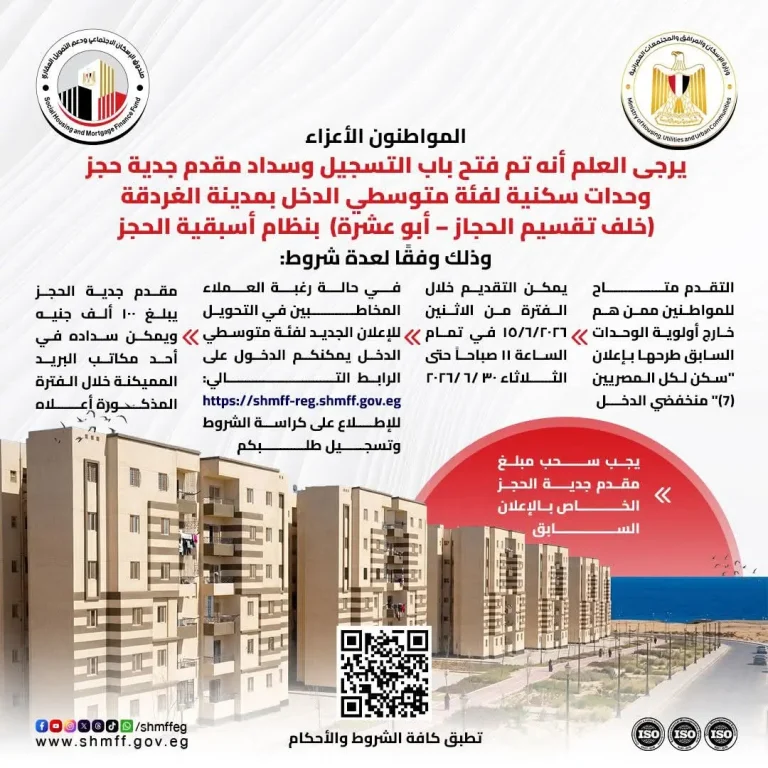 فتح باب حجز وحدات سكنية لمتوسطي الدخل بالغردقة.. بدء التقديم 15 يونيو بمقدم 100 ألف جنيه 19 FB IMG 1781434095036